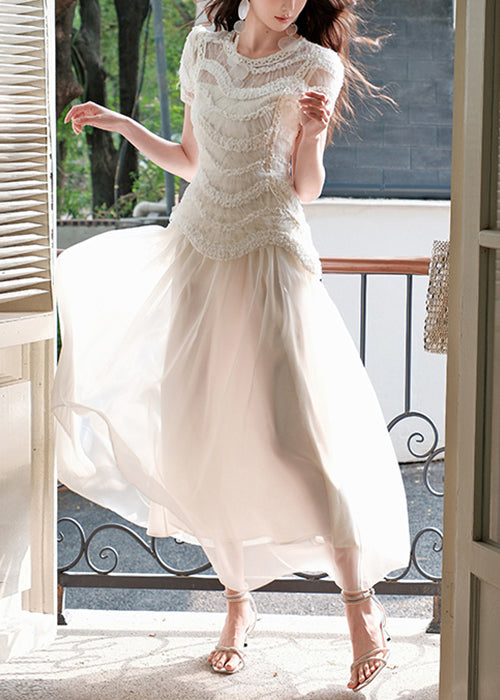 Slim Fit Beige Original Design Tulle Long Dress Summer