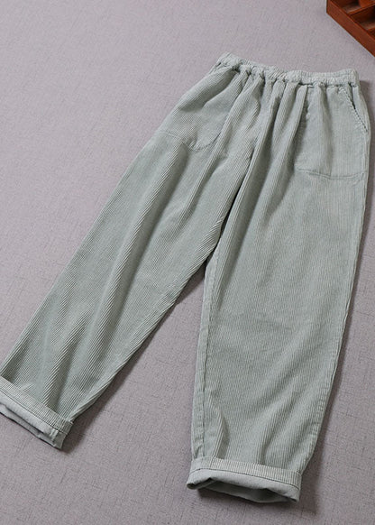 Light Green Pockets Corduroy Pants Winter