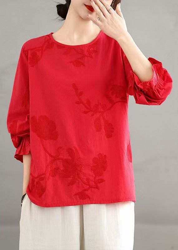 Red O-neck Embroidered Cotton Shirt Top Fall