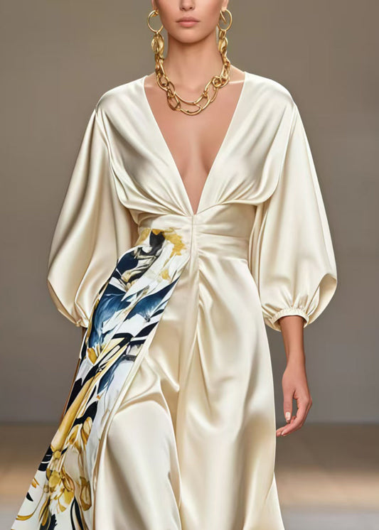 Diy Champagne Deep-v Neck Print Silk Party Dresses Bracelet Sleeve