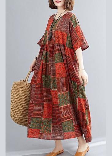Diy Orange Red Print Cotton Linen Clothes O Neck Extra Large Hem Cotton Robes Dresses