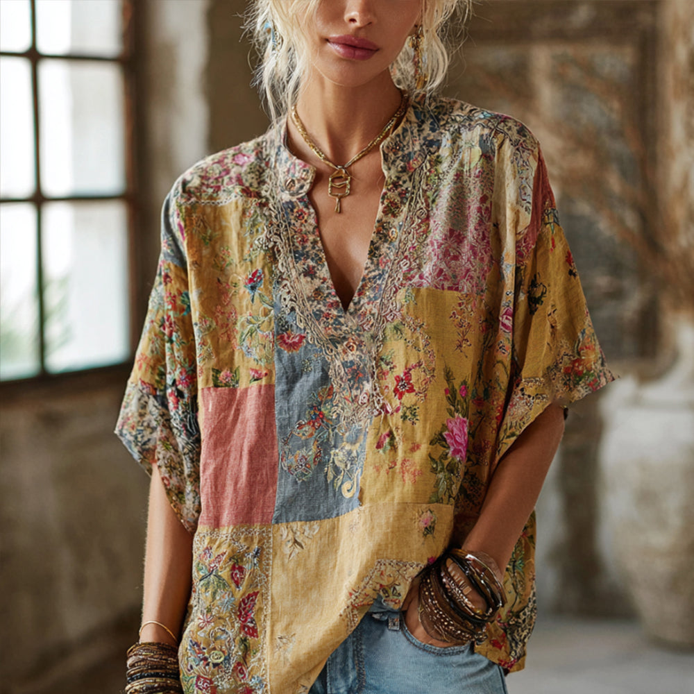 Bohemian Three-dimensional Light-colored Flower Embroidery Golden Powder Vintage V-neck Short-sleeved Shirt elevenforest