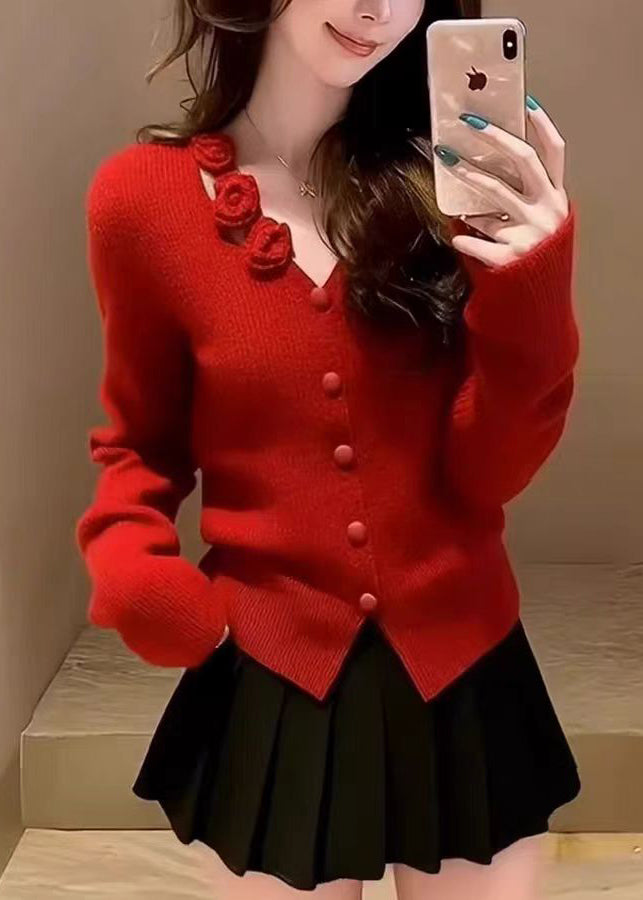 Organic Red Button Cotton Knit Sweater Spring