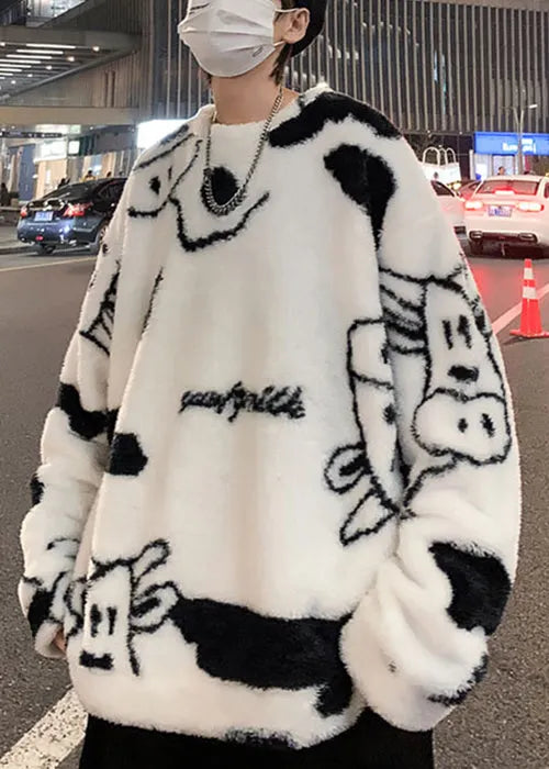 New White O Neck Cartoon Fluffy Sweatshirt Pajamas Winter