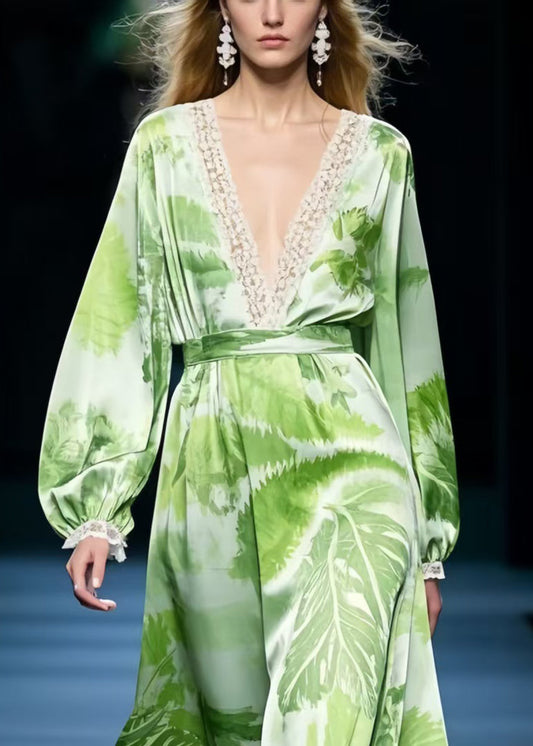 Grass Green Print Draping Chiffon Maxi Dresses Spring