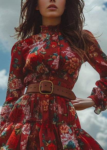 Red Ruffled Print Button Cotton Mini Dress Long Sleeve