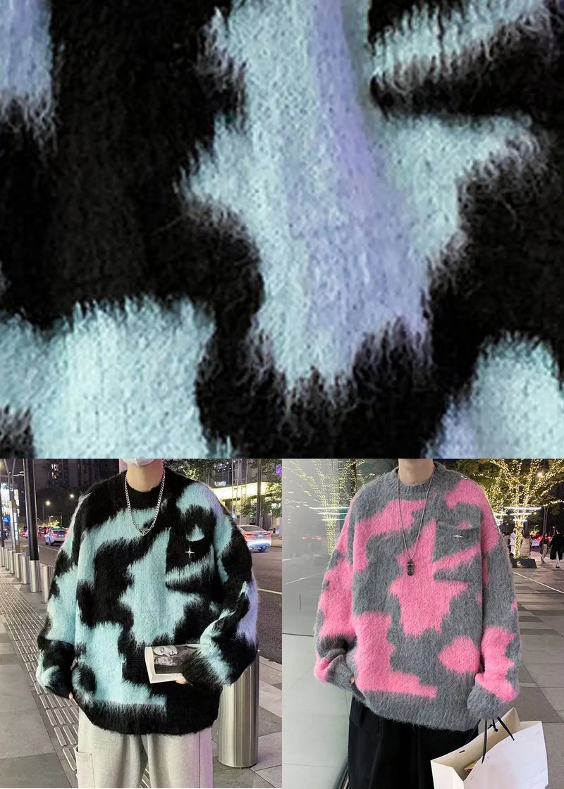 Blue O Neck Patchwork Knit Sweater Winter