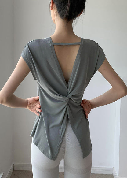 Brief Blackish Green O-neck Wrinkled Short Sleeve Yoga Top