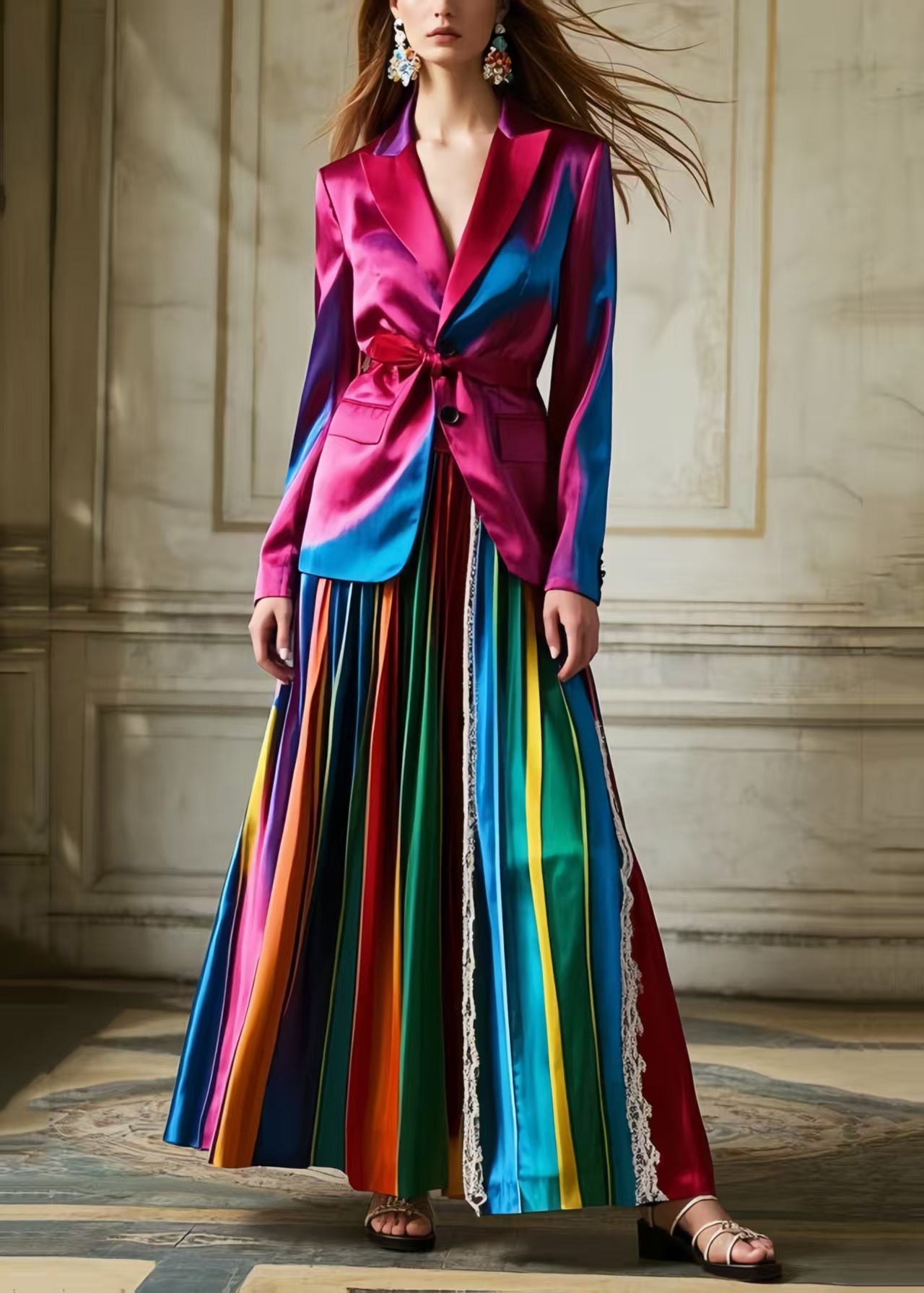 Polychrome Striped Patchwork Lace Silk Pleated Skirt Spring