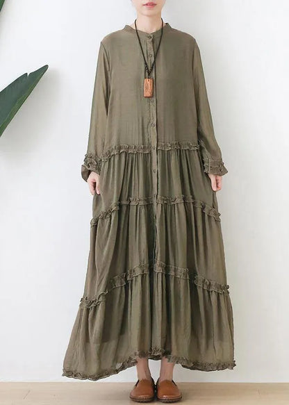 Organic Stand Collar Cinched Outfit Tutorials Army Green Dresses