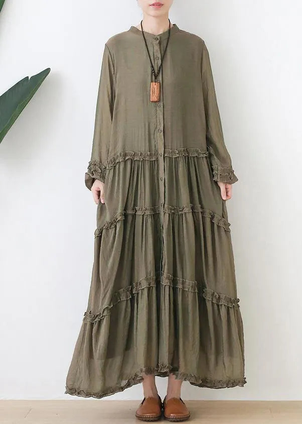 Organic Stand Collar Cinched Outfit Tutorials Army Green Dresses