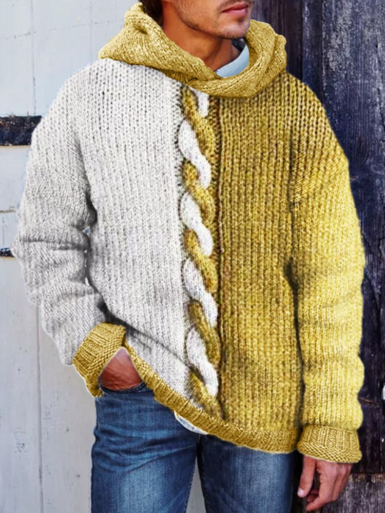Men's Retro Cable Knit Contrast Color Hooded Sweater elevenforest