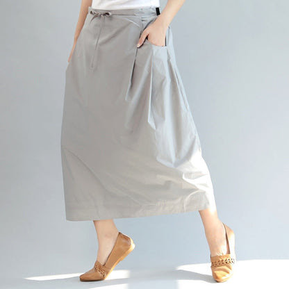 Light Gray Cotton Skirts Elastic Waist Maxi Skirts