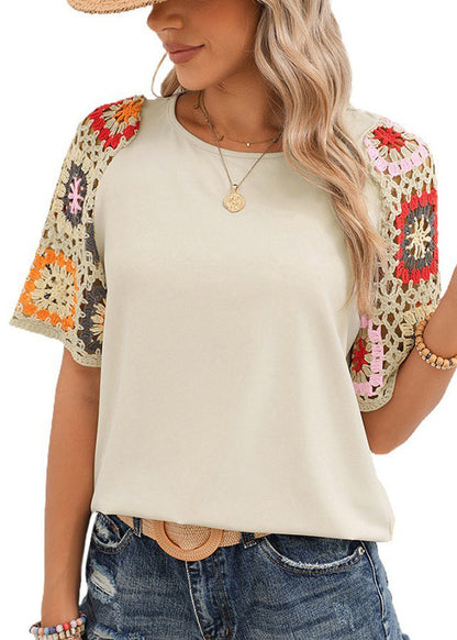 Beige O-neck Hollow Out Hook Flower Cotton Top Summer
