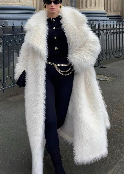Modern White Peter Pan Collar Thick Warm Faux Fur Coats Winter