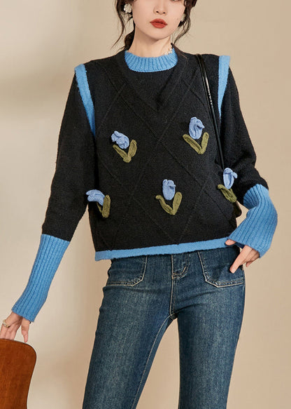 Blue O-neck Patchwork Cotton Knit Sweaters Winter