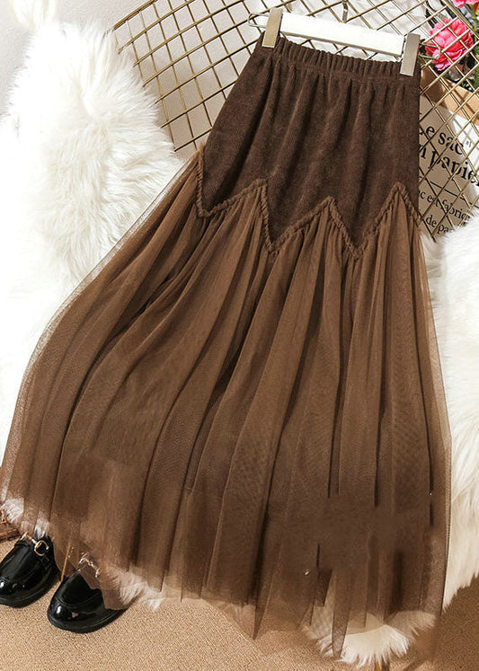 Chocolate High Waist Patchwork Corduroy Wrinkled Tulle Skirt Spring