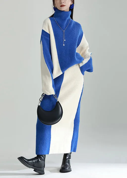 Boutique Blue Hign Neck Knit Tops and Skirts Two Pieces Set Winter