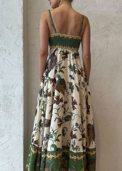 Green Print Pockets Patchwork Cotton Spaghetti Strap Dress Sleeveless