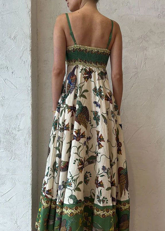 Green Print Pockets Patchwork Cotton Spaghetti Strap Dress Sleeveless