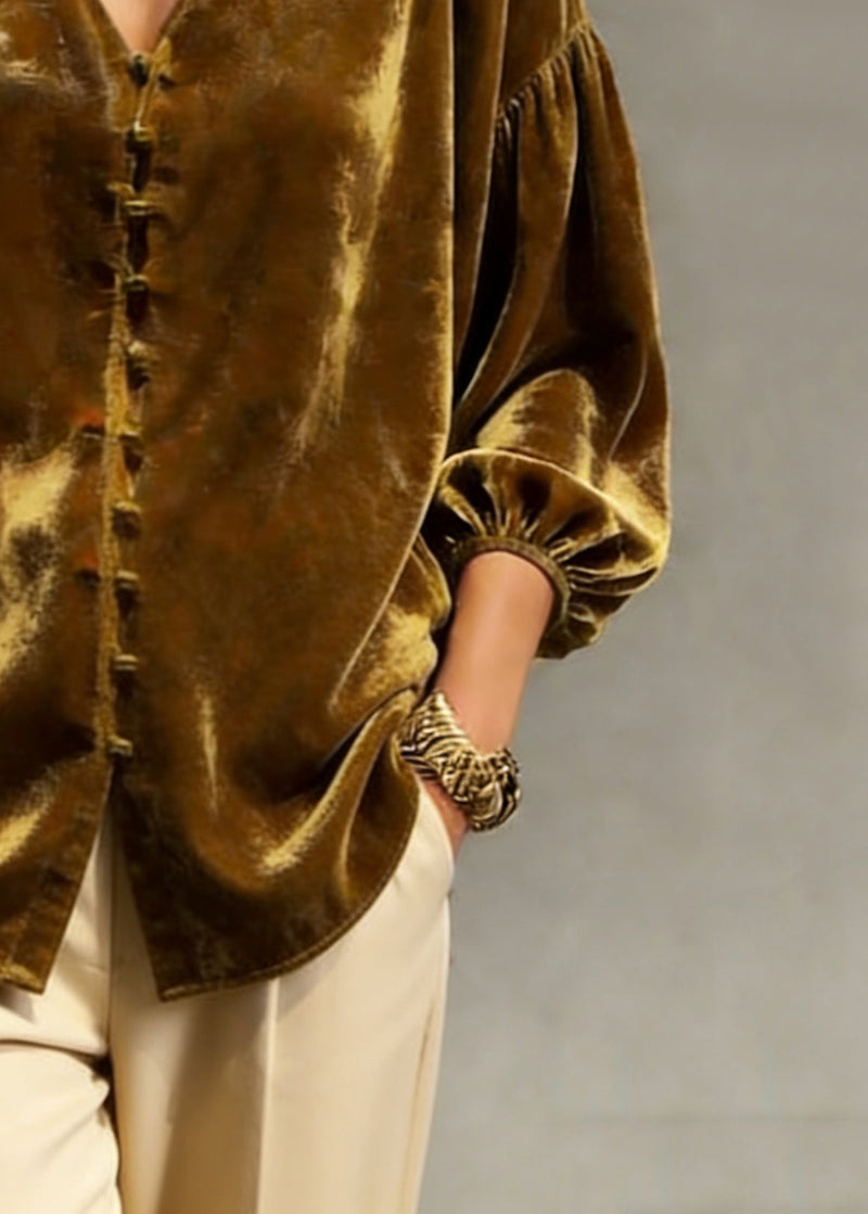 Retro Gold Yellow V Neck Patchwork Top Lantern Sleeve