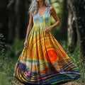 Women's Boho Sun Ethnic Art Pattern Print V-neck Sleeveless Cotton Dre