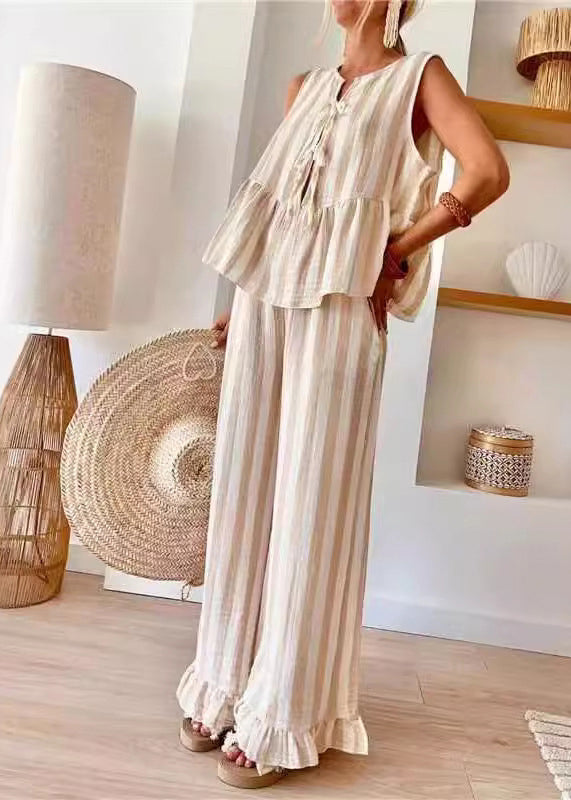 Handmade Camel O-neck Striped Top and Wide Leg Pants Two Pieces Set Summer