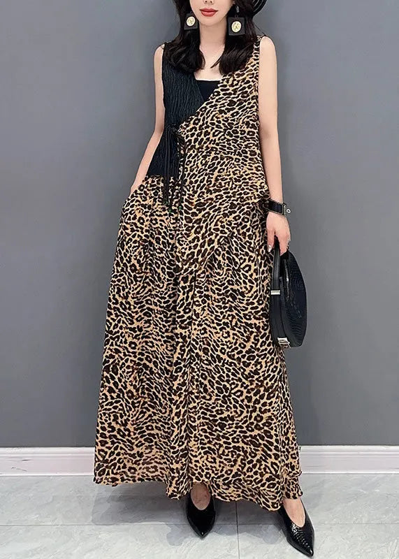 Leopard Tie Waist Top and Maxi Skirts Two Pieces Set Summer