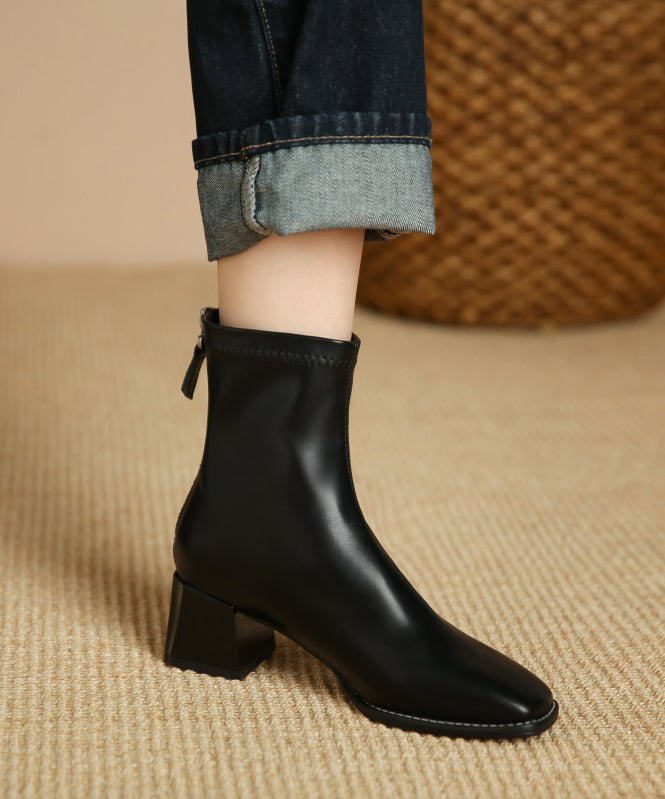 Black Faux Leather Chunky Heel Boots Splicing Zippered