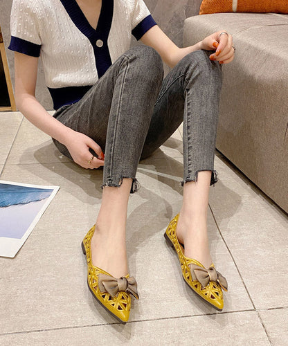 Yellow Pointed Toe Hollow Out Bow Flat Feet Shoes