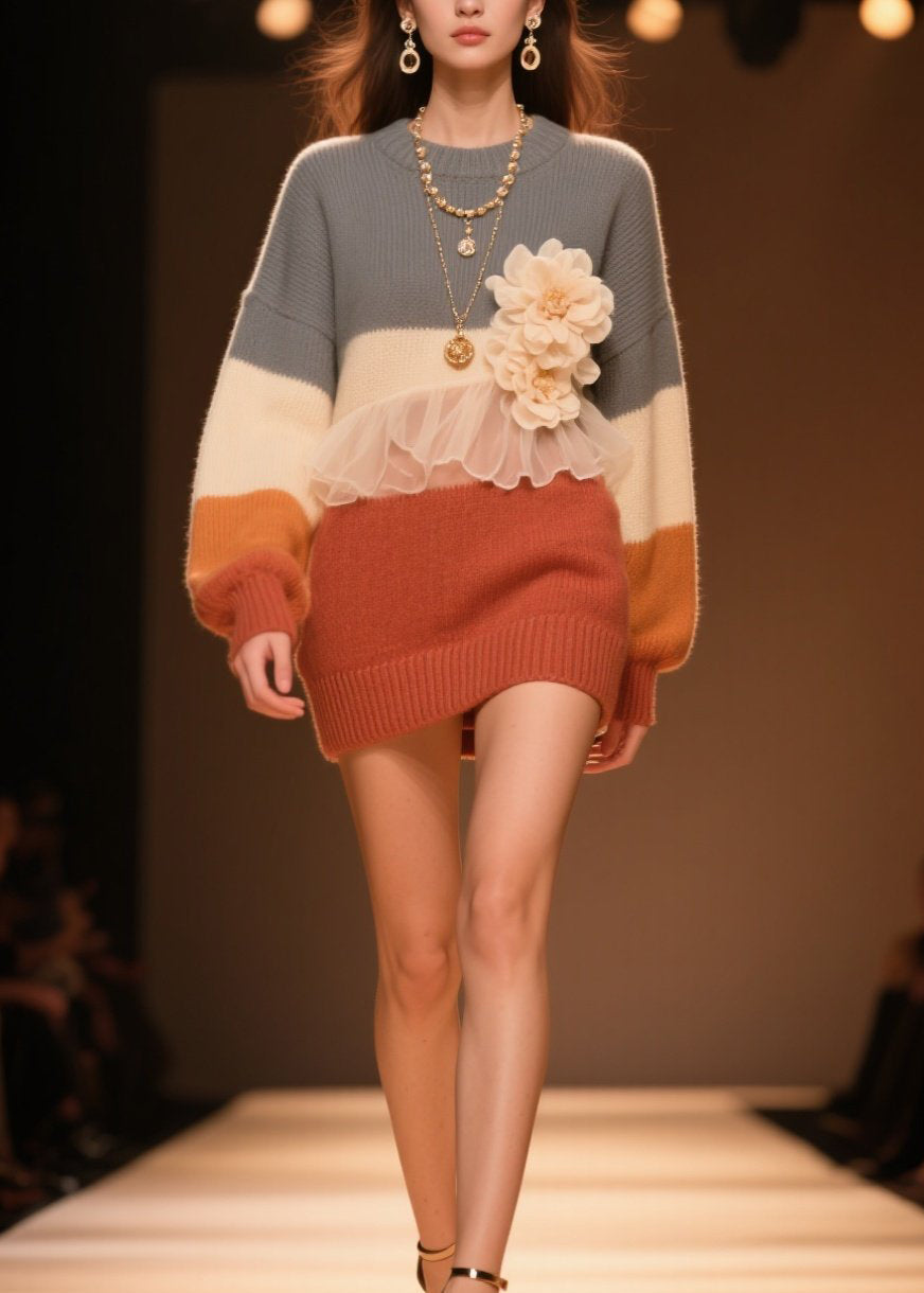 Stylish O Neck Tulle Ruffled Knit Sweaters Fall