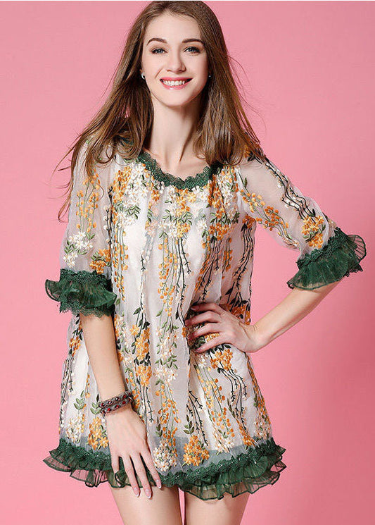 White Embroideried Patchwork Organza Day Dress Spring