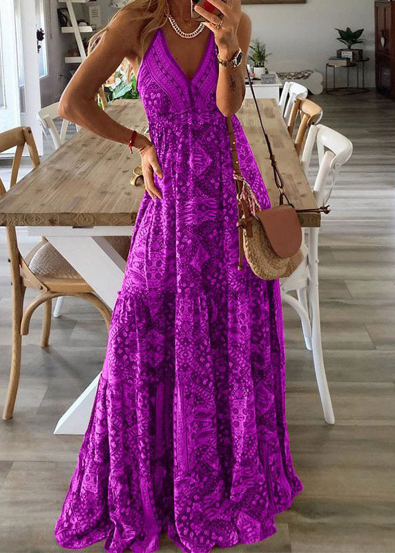 Handmade Red V Neck Print Cotton Spaghetti Strap Dress Summer