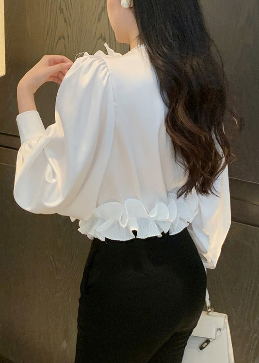 White V Neck Ruffled Chiffon Blouses Spring