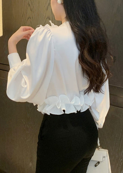 White V Neck Ruffled Chiffon Blouses Spring