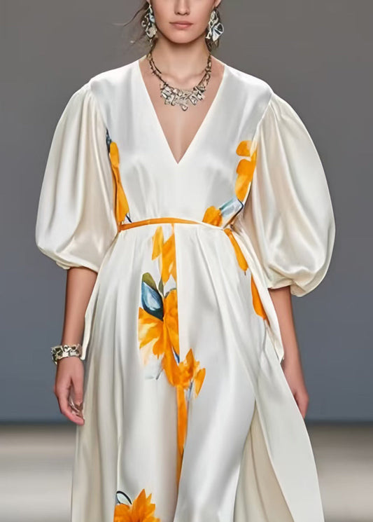White Puff Sleeve Print Silk Maxi Dresses