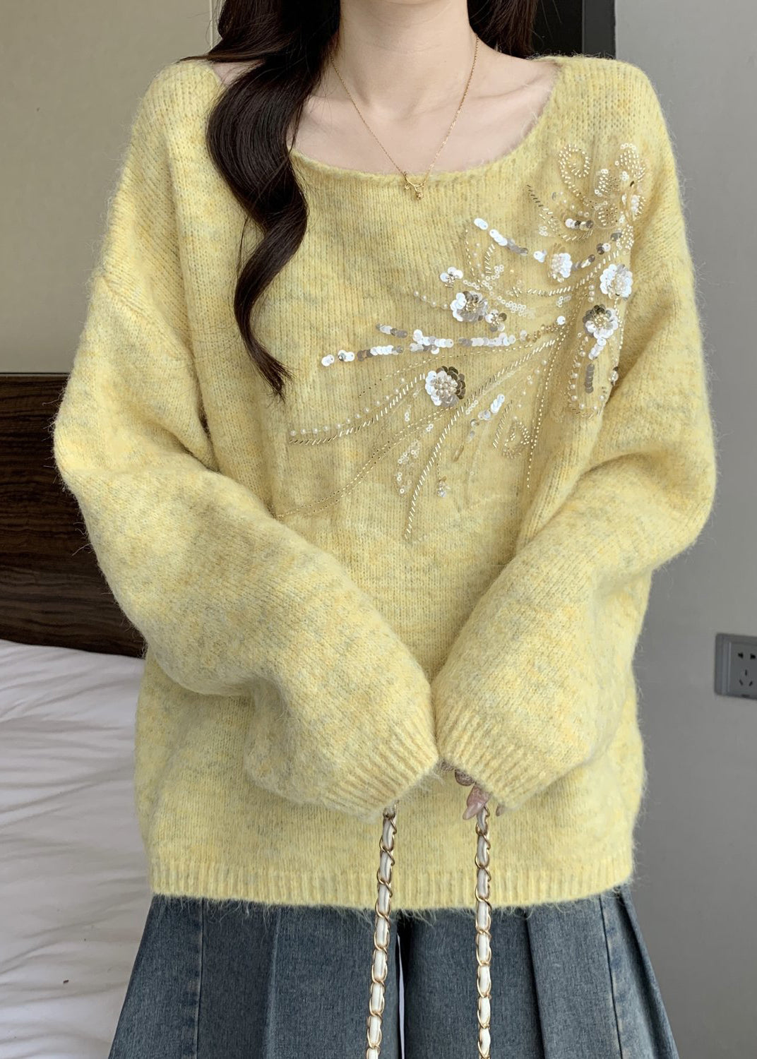 Yellow Sequins Knit Winter Sweater Tops O Neck