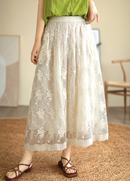 White Embroidered Lace Patchwork Tulle Pleated Skirt Summer