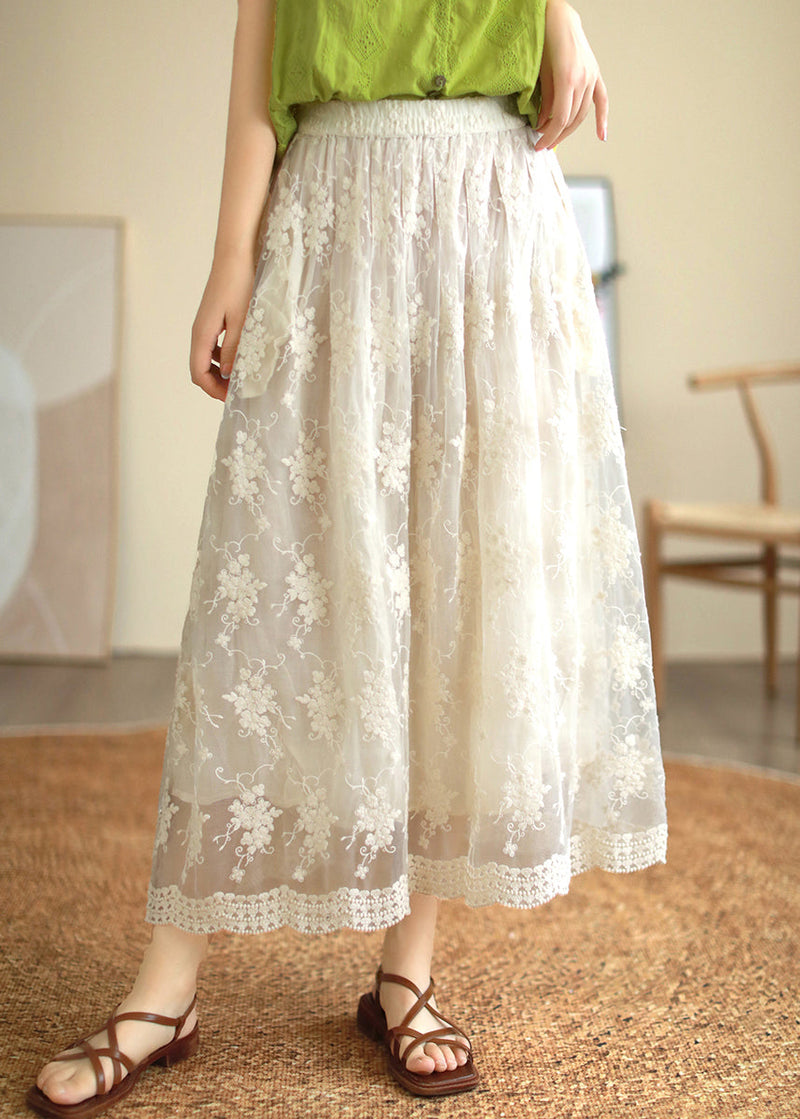 White Embroidered Lace Patchwork Tulle Pleated Skirt Summer