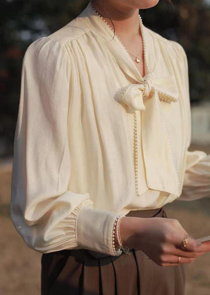 Classy Apricot Lace Up Pearl Cotton Blouses Fall