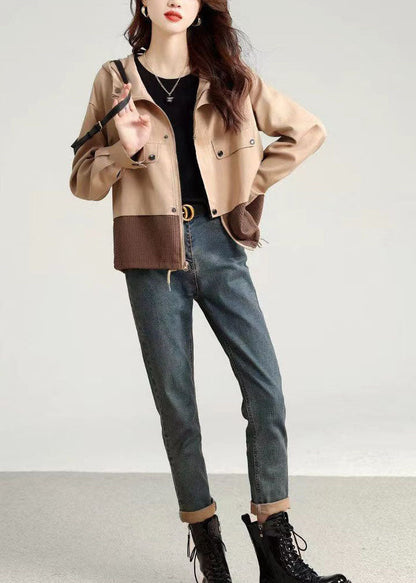 Light Khaki Zip Up Patchwork Cotton Hooded Jacket Fall