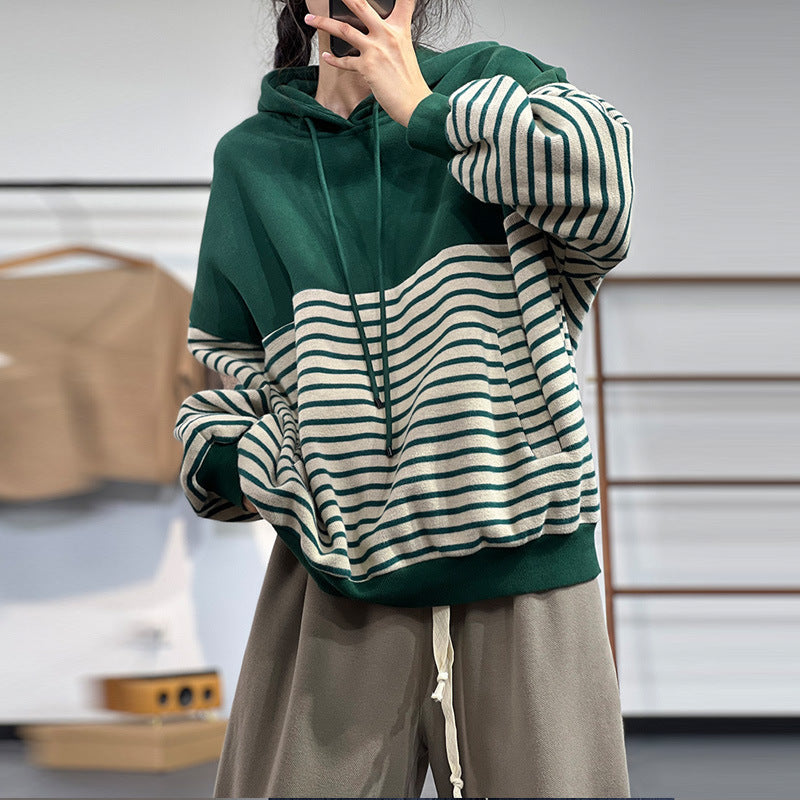 Contrast Stripe Fleece Drawstring Hooded Sweatshirt