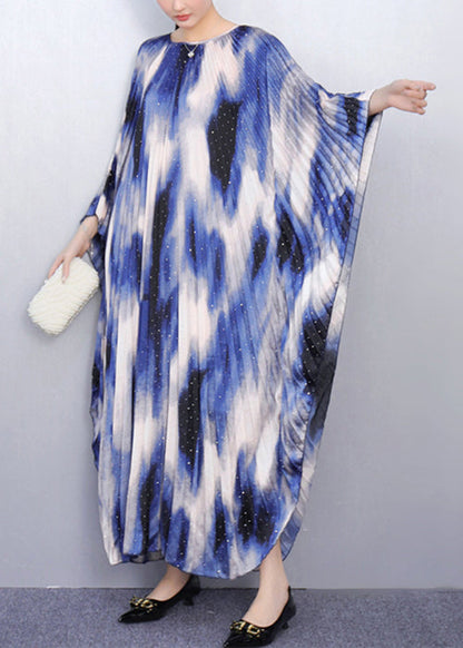 Blue Print Oversized Long Dresses Batwing Sleeve