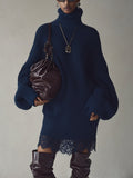 Navy Turtleneck Ribbed Knit Mini Dress With Lace Hem