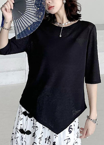 Black O Neck Asymmetrical Cotton T Shirt Summer