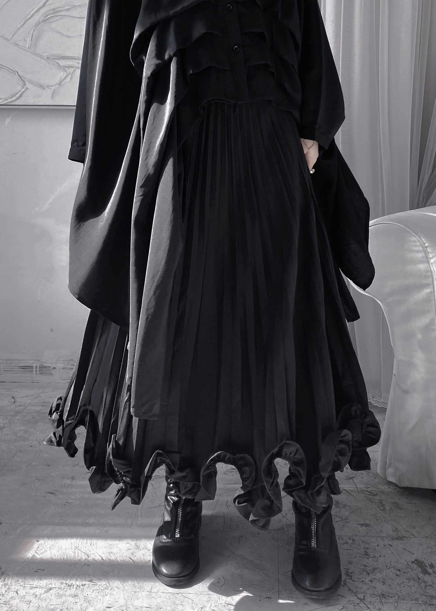 Stylish Black Ruffled Patchwork a Line Skirt Fall