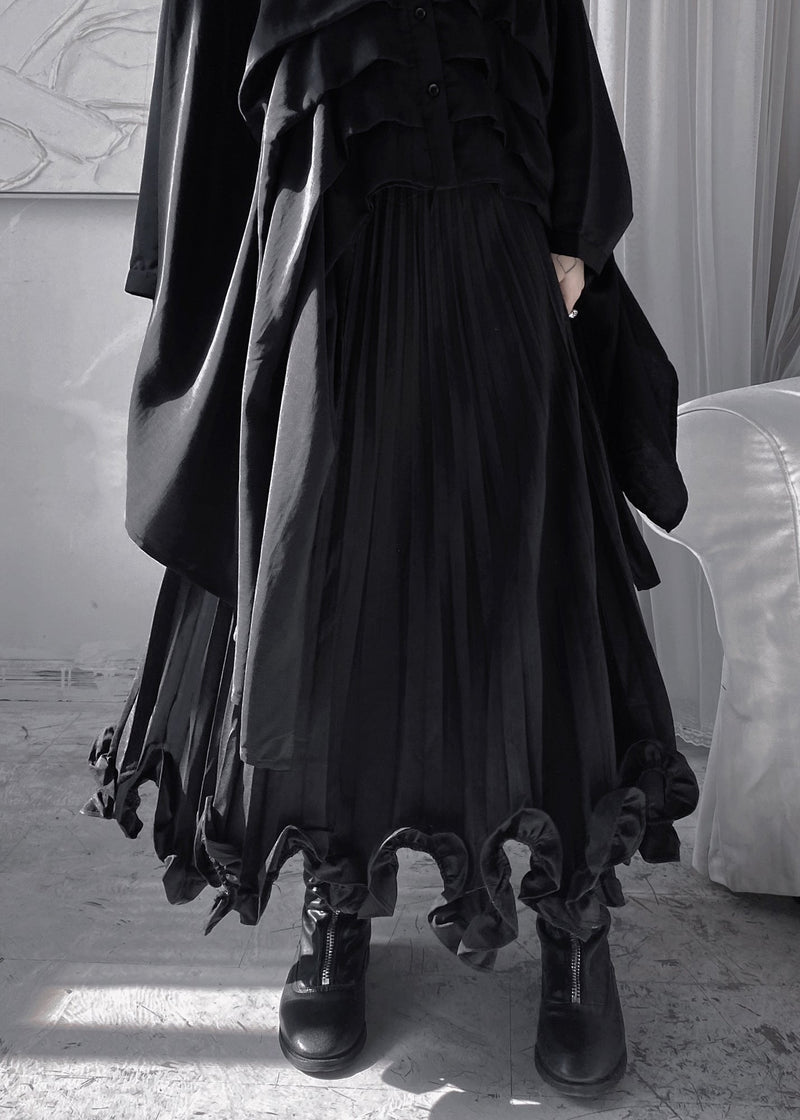Stylish Black Ruffled Patchwork a Line Skirt Fall