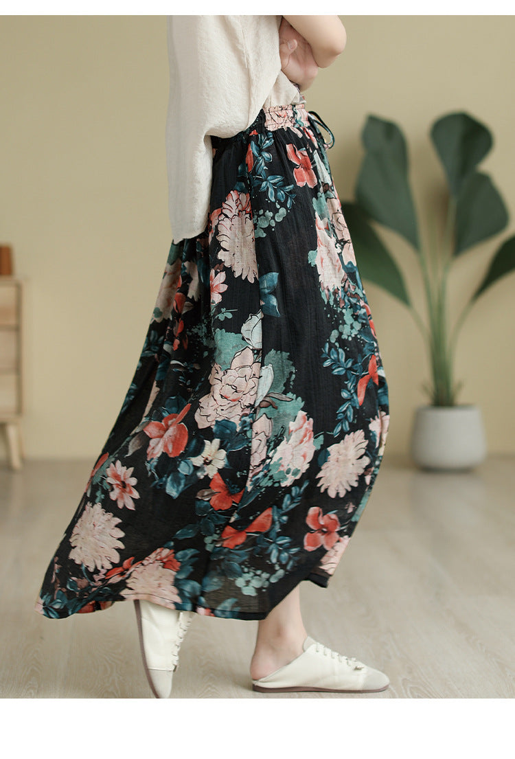 Literary Tencel Linen Print Slim A-line Skirt