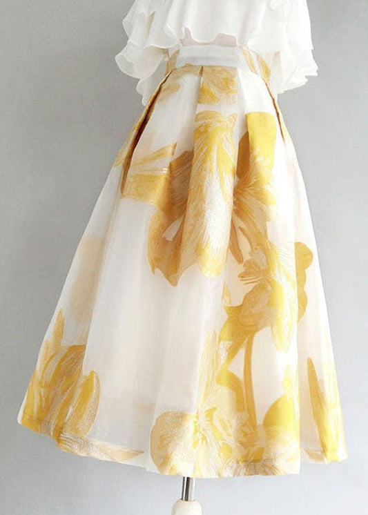 Yellow Wrinkled Patchwork Embroideried Tulle Skirt Summer