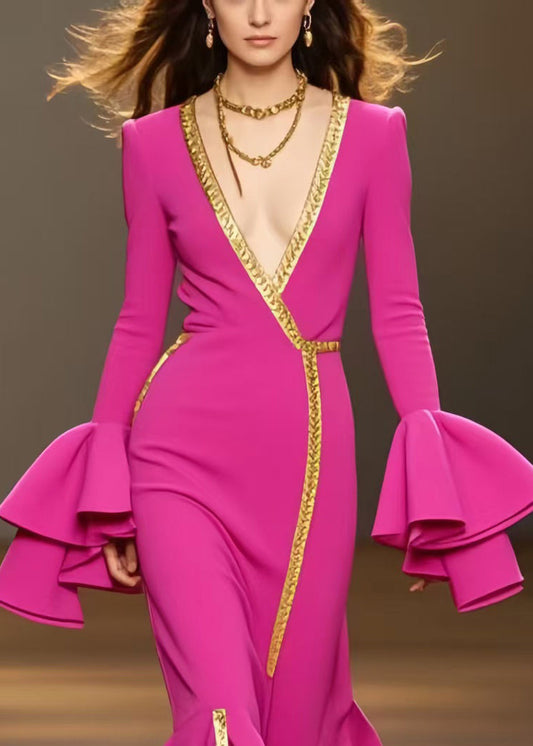 French Rose Asymmetrical Chiffon Party Dress Flare Sleeve